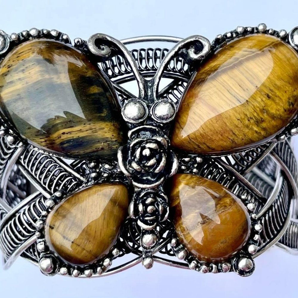 Genuine Tiger Eye Butterfly Bracelet Cuff Bangle Like New